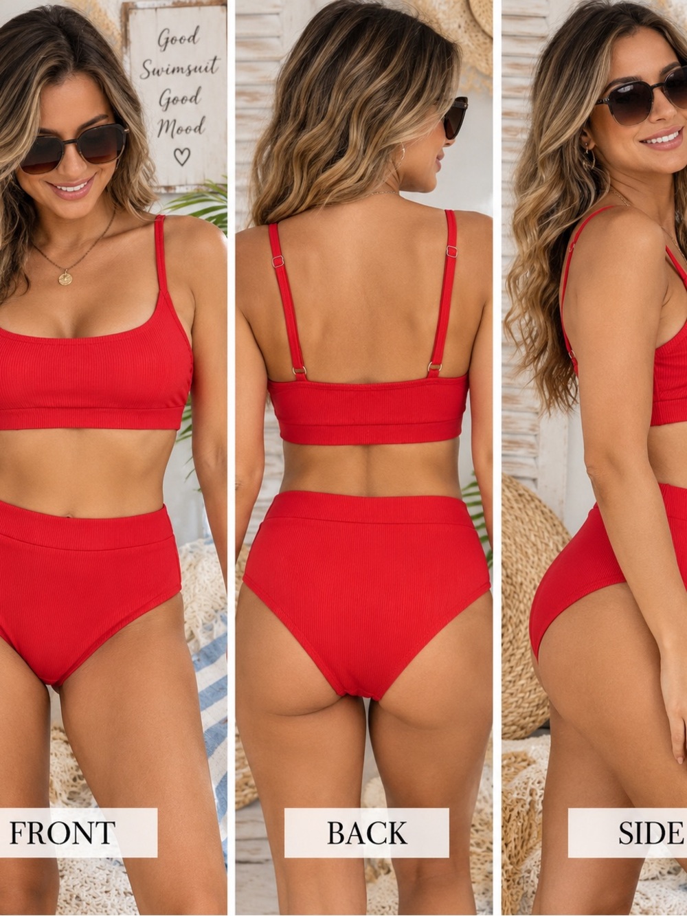 NWT CUPSHE Red Ribbed High Waisted 2 Piece Bikini Swimsuit Size S